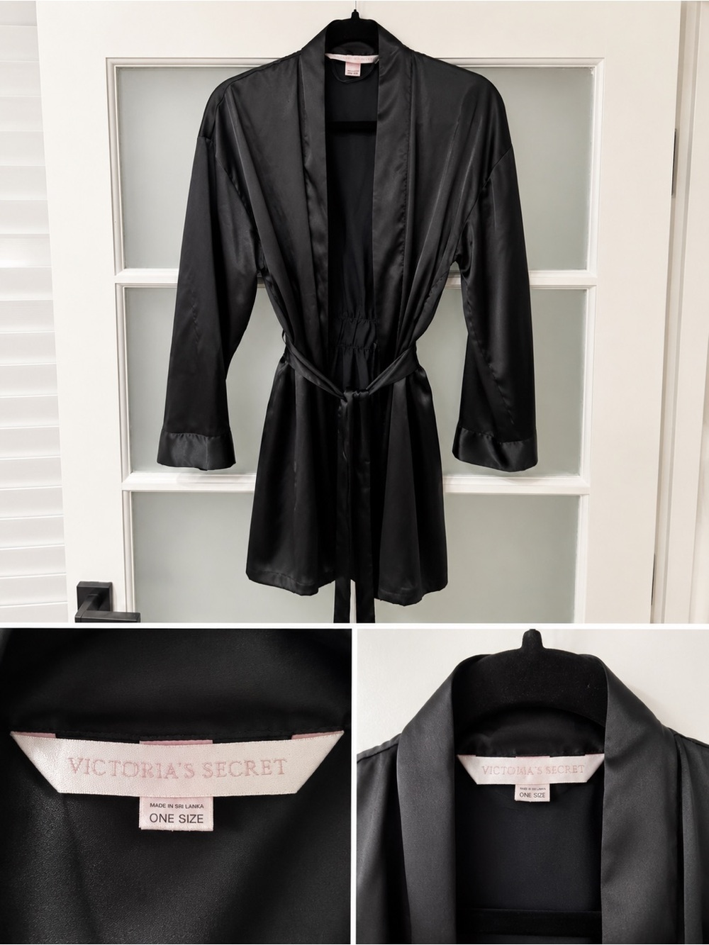 Victoria’s Secret Black Satin Short Kimono Robe One Size Tie Waist Sleepwear